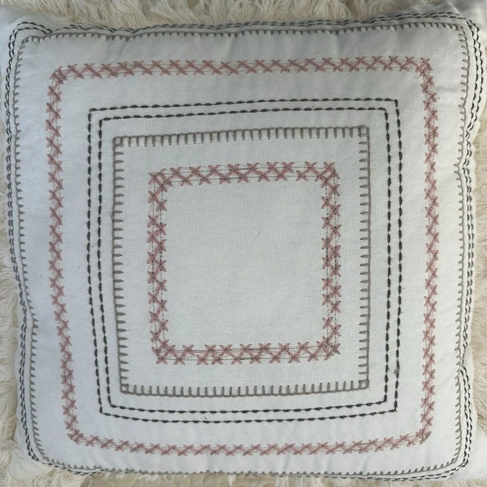 Modern‎ Dreams Throw Pillow 16x16 Inch Cross Stitch Embroidered Geometric White